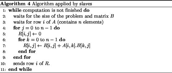 \begin{algorithm}
% latex2html id marker 431\caption{Algorithm applied by sla...
...DFOR
\STATE sends row $i$\ of $R$.
\ENDWHILE
\end{algorithmic}\end{algorithm}