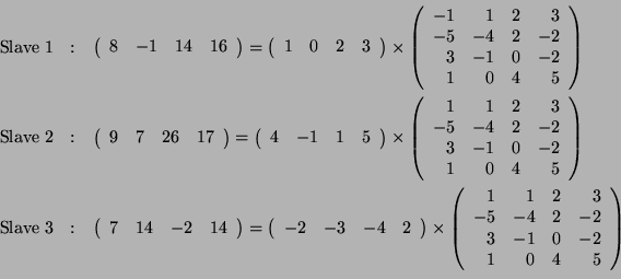 \begin{eqnarray*}
\text{Slave 1} & : &
\left(
\begin{array}{cccc}
8 & -1 & 1...
...-2\\
3 & -1 & 0 & -2\\
1 & 0 & 4 & 5
\end{array} \right)\\
\end{eqnarray*}