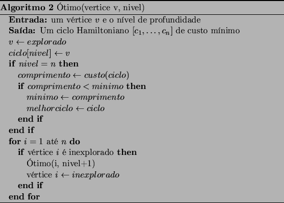 \begin{algorithm}
% latex2html id marker 421\caption{\'{O}timo(vertice v, niv...
...ice $i \leftarrow inexplorado$ \ENDIF
\ENDFOR
\end{algorithmic}\end{algorithm}