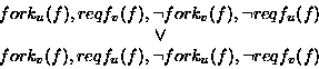 \begin{displaymath}
\begin{array}
{c}
 fork_{u}(f), reqf_{v}(f), \neg fork_{v}(f...
 ...), reqf_{u}(f), \neg fork_{u}(f), \neg reqf_{v}(f)
 \end{array}\end{displaymath}