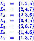 \begin{displaymath}
\begin{array}
{rcl}
L_{1} & = & \{1,2,5\} \ L_{2} & = & \{2...
 ...\} \ L_{6} & = & \{1,4,6\} \ L_{7} & = & \{1,3,7\}\end{array}\end{displaymath}