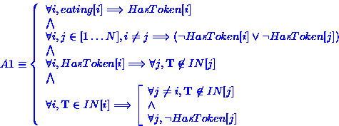 \begin{displaymath}
A1 \equiv \left\{ 
\begin{array}
{l}
\forall i, eating[i] \L...
 ...all j, \neg HasToken[j]
 \end{array} \right.
\end{array}\right.\end{displaymath}