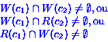 \begin{displaymath}
\begin{array}
{l}
W(c_{1}) \cap W(c_{2}) \neq \emptyset, \ma...
... \mathrm{ou}\ R(c_{1}) \cap W(c_{2}) \neq \emptyset\end{array}\end{displaymath}